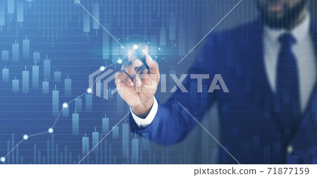 Business growth and economical progress concept. Businessman drawing raising virtual financial chart Business growth and economical progress concept. Businessman drawing raising virtual financial chart 71877159