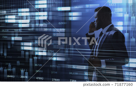 Financial background for business inverstments concept with trading candlesticks and black businessman Financial background for business inverstments concept with trading candlesticks and black businessman 71877160
