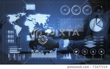 Global business analytics. Interactive screen with digital data layered over working businessman Global business analytics. Interactive screen with digital data layered over working businessman 71877319