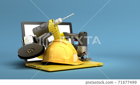 online calculation of construction costs building supplies fly out from laptop with a blank screen 3d render on blue 71877499