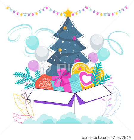 Christmas tree in a large box with gifts and sweets. 71877649