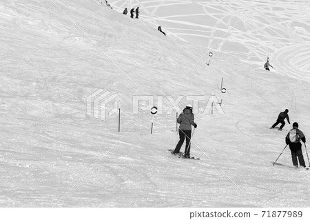 Skiers and snowboarders downhill Skiers and snowboarders downhill 71877989
