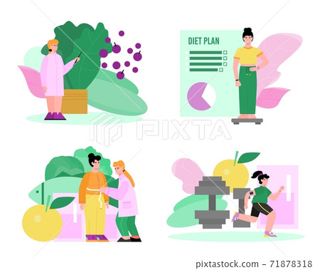 Nutritionist or dietician and patients, cartoon vector illustrations set isolated. Nutritionist or dietician and patients, cartoon vector illustrations set isolated. 71878318