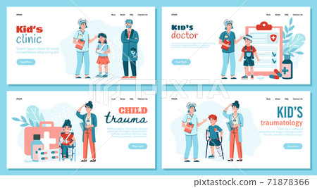 Children traumatology clinic web banners set with kids doctors and little patients characters, flat cartoon vector illustration. Landing pages with injured wounded kids. Children traumatology clinic web banners set with kids doctors and little patients characters, flat cartoon vector illustration. Landing pages with injured wounded kids. 71878366