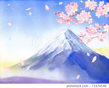春天的花朵:櫻花和富士山的風景水彩插圖 春天的花朵:櫻花和富士山的風景水彩插圖 71878546