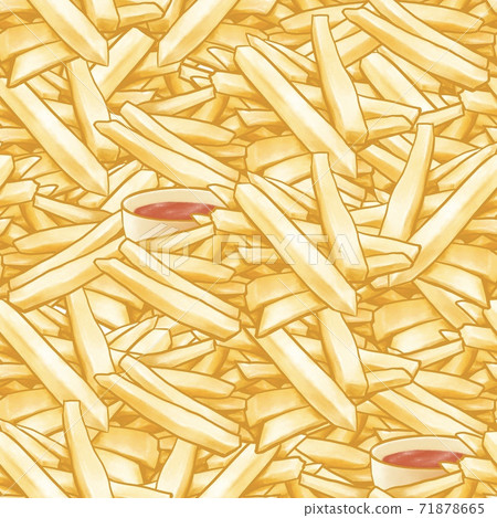 The digital painting of french fries (stick potato chips) fastfood and ketchup background seamless pattern raster illustration for wallpaper decoration. The digital painting of french fries (stick potato chips) fastfood and ketchup background seamless pattern raster illustration for wallpaper decoration. 71878665