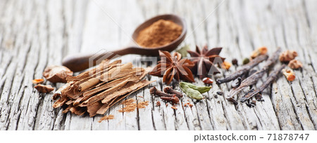 Spices on wooden old background 71878747