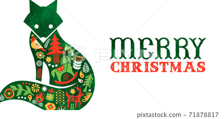 Merry Christmas retro watercolor folk fox banner Merry Christmas retro watercolor folk fox banner 71878817
