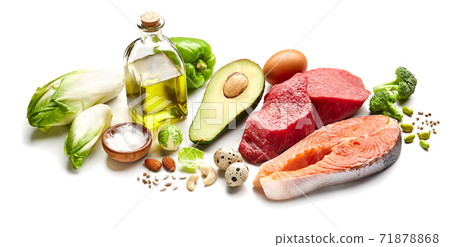 Ketogenic food on white background Ketogenic food on white background 71878868