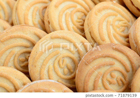 Close-up of a large number of round cookies with coconut filling 71879139