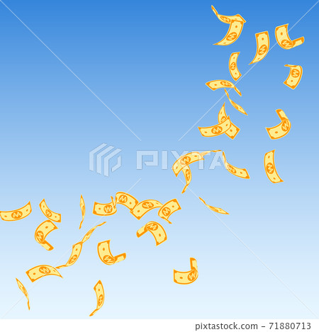 Korean won notes falling. Sparse WON bills on blue Korean won notes falling. Sparse WON bills on blue 71880713
