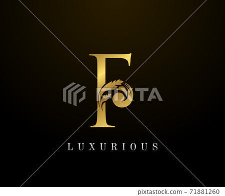 Gold Elegant letter F Logo. Graceful style. Calligraphic beautiful logo. Vintage drawn emblem for book design, brand name, business card, Restaurant, Boutique, Hotel. Vector illustration 71881260
