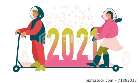 Woman and man with protective helmet with 2021 inscription on scooter. Woman and man with protective helmet with 2021 inscription on scooter. 71882038
