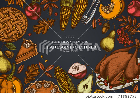 Design on dark background with pumpkin, fork, knife, pears, turkey, pumpkin pie, apple pie, corn Design on dark background with pumpkin, fork, knife, pears, turkey, pumpkin pie, apple pie, corn 71882755