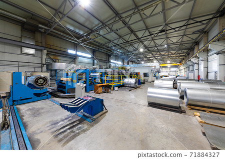 ceiling of industrial building inside bottom view. roof with top lighting 71884327
