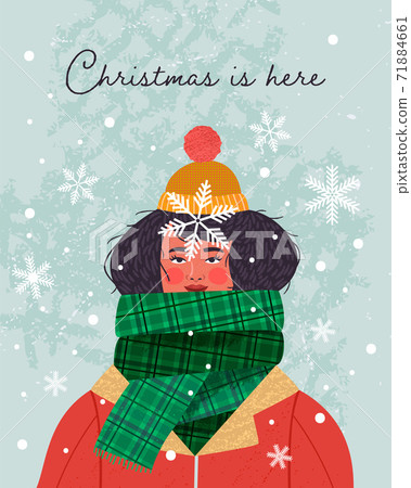 Merry Christmas card happy woman winter snowflake Merry Christmas card happy woman winter snowflake 71884661