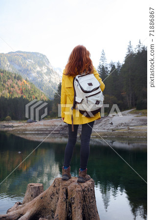 beautiful girl sitting on a stump 71886867