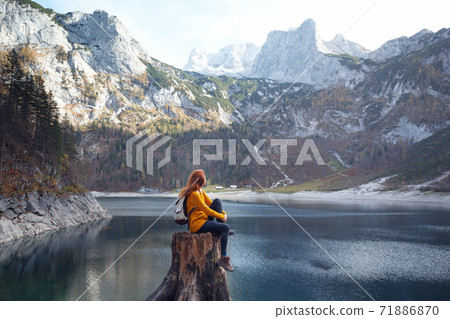 beautiful girl sitting on a stump beautiful girl sitting on a stump 71886870