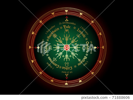 Wheel of the Year is an annual cycle of seasonal festivals, observed by many modern Pagans. Wiccan calendar and holidays. Norse Vegvisir Compass and pentagram symbol, names in Celtic of the Solstices Wheel of the Year is an annual cycle of seasonal festivals, observed by many modern Pagans. Wiccan calendar and holidays. Norse Vegvisir Compass and pentagram symbol, names in Celtic of the Solstices 71888606
