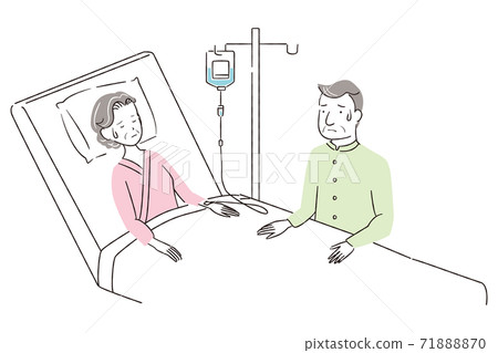 Handwritten line art color illustration, senior couple, wife hospitalized, worried 71888870