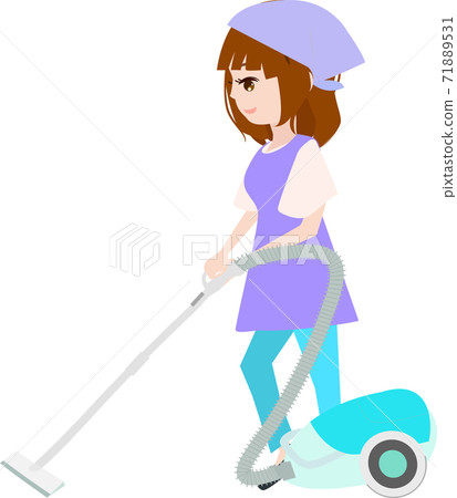 Illustration of a cute housekeeper vacuuming 71889531