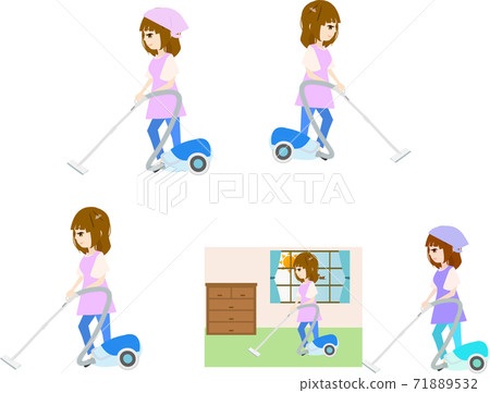 Illustration set of cute housewife and housekeeper vacuuming 71889532