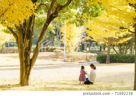 Parents and children playing in the autumn park 71892239