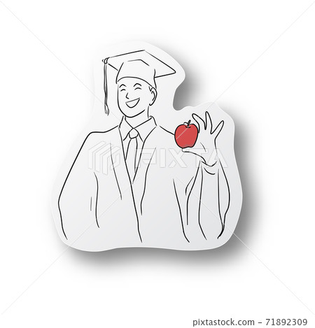 black line hand drawn of graduated student wearing academic dress gown or robe and graduation cap and holding apple on cut paper with shadow isolated on white background black line hand drawn of graduated student wearing academic dress gown or robe and graduation cap and holding apple on cut paper with shadow isolated on white background 71892309