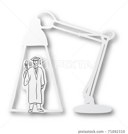 black line hand drawn of graduated student wearing academic dress gown or robe and graduation cap and holding diploma on vintage table lamp shape cut paper with shadow isolated on white background 71892310