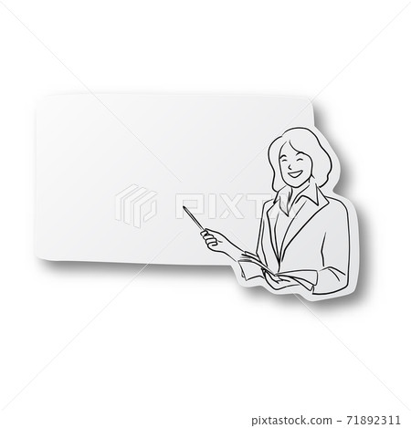 Vector black line hand drawn of female teacher or businesswoman presenting her lesson in copy space on cut paper with shadow isolated on white background 71892311