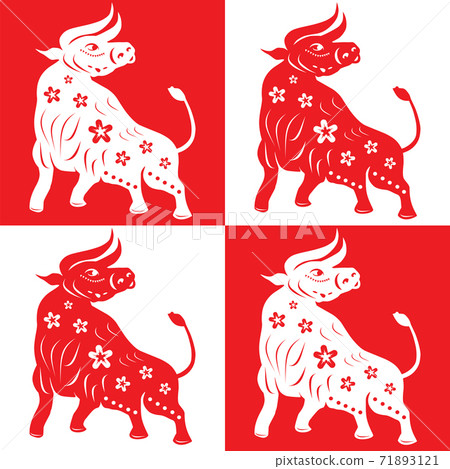 Ox, Chinese zodiac symbol of new 2021 year. Set consists of bulls in different styles. White and red silhouette. 71893121