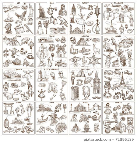 Worldwide traveling and tourism landmarks and attractions sketches sightseeing 71896159