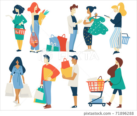 Shopping men and women with bags supermarket basket or cart Shopping men and women with bags supermarket basket or cart 71896288