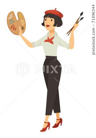 Artist and painting art girl in beret with... - Stock Illustration ...