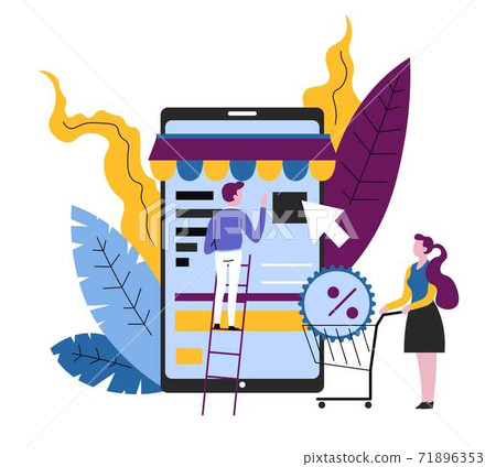 Smartphone app online shopping woman with supermarket cart Smartphone app online shopping woman with supermarket cart 71896353