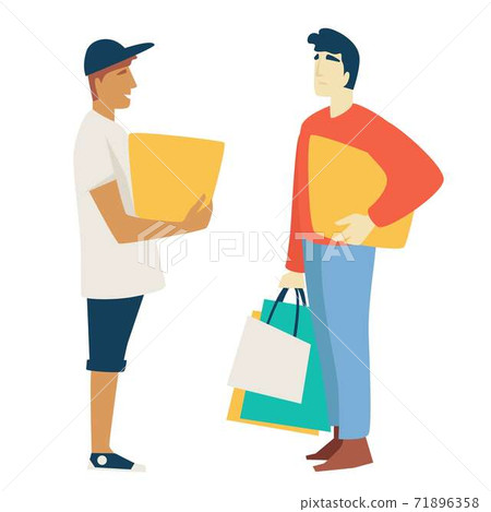 Shopping man with box or parcel and guy with bags or packs Shopping man with box or parcel and guy with bags or packs 71896358