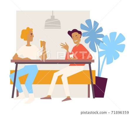 Friends at cafe drinking coffee on couch with table cafeteria Friends at cafe drinking coffee on couch with table cafeteria 71896359