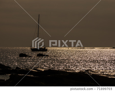 平靜的海面和夕陽照亮的遊艇 71899703