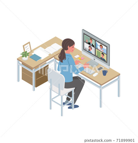 遠程工作在線會議的女性等距遠程辦公圖 遠程工作在線會議的女性等距遠程辦公圖 71899901