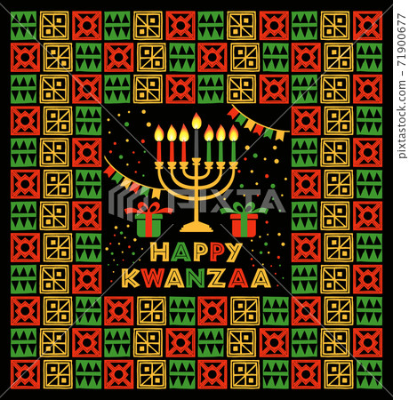Banner for Kwanzaa with traditional colored and candles representing the Seven Principles or Nguzo Saba . 71900677
