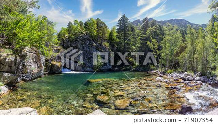 Scenic view of waterfall and lake in a Spanish Pyrenees Mountain in a sunny day. Scenic view of waterfall and lake in a Spanish Pyrenees Mountain in a sunny day. 71907354