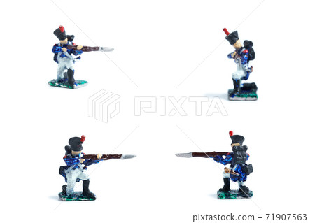 4 in 1 photo of handmade metal soldiers with musket on the white background 71907563