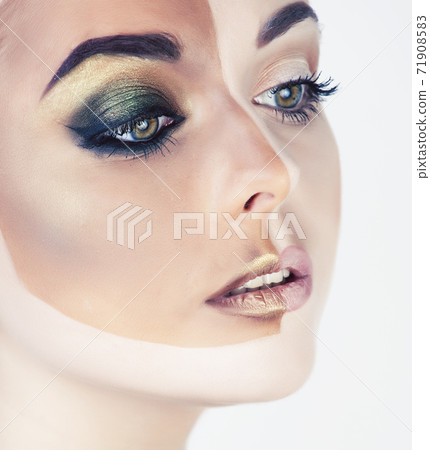 half faced woman with creative makeup like before sunbathe and after isolated on white 71908583