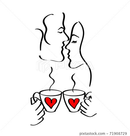 Couple silhouette are holding cups red hearts in hands. 71908729