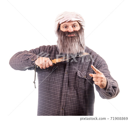 The bearded man with knife isolated on a white background. 71908869
