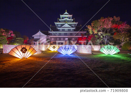 從正面拍攝岡山的Karasujo光源鄉鎮時,各種顏色的燈光照亮了秋葉。 從正面拍攝岡山的Karasujo光源鄉鎮時,各種顏色的燈光照亮了秋葉。 71909808