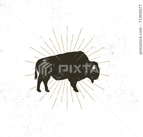 bison icon silhouette. Retro letterpress effect. Buffalo symbol with sunbursts isolated on white background. Use for steak house logo, infographics, logotype. design 71909877