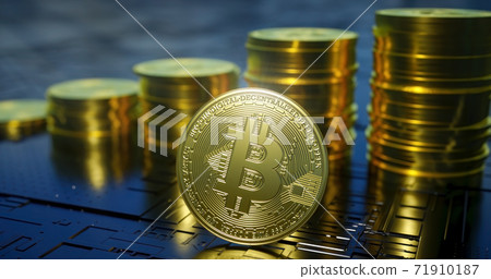 3d render of metallic bitcoin with rising columns of coins in background. 71910187