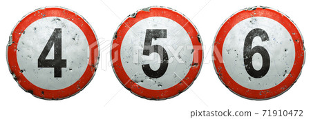 Set of public road signs in red and white with a numbers 4, 5, 6 in the center isolated on white background. 3d Set of public road signs in red and white with a numbers 4, 5, 6 in the center isolated on white background. 3d 71910472