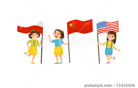Little Girl Holding National Flags of Different Countries Waving on Pole Vector Set 71910504
